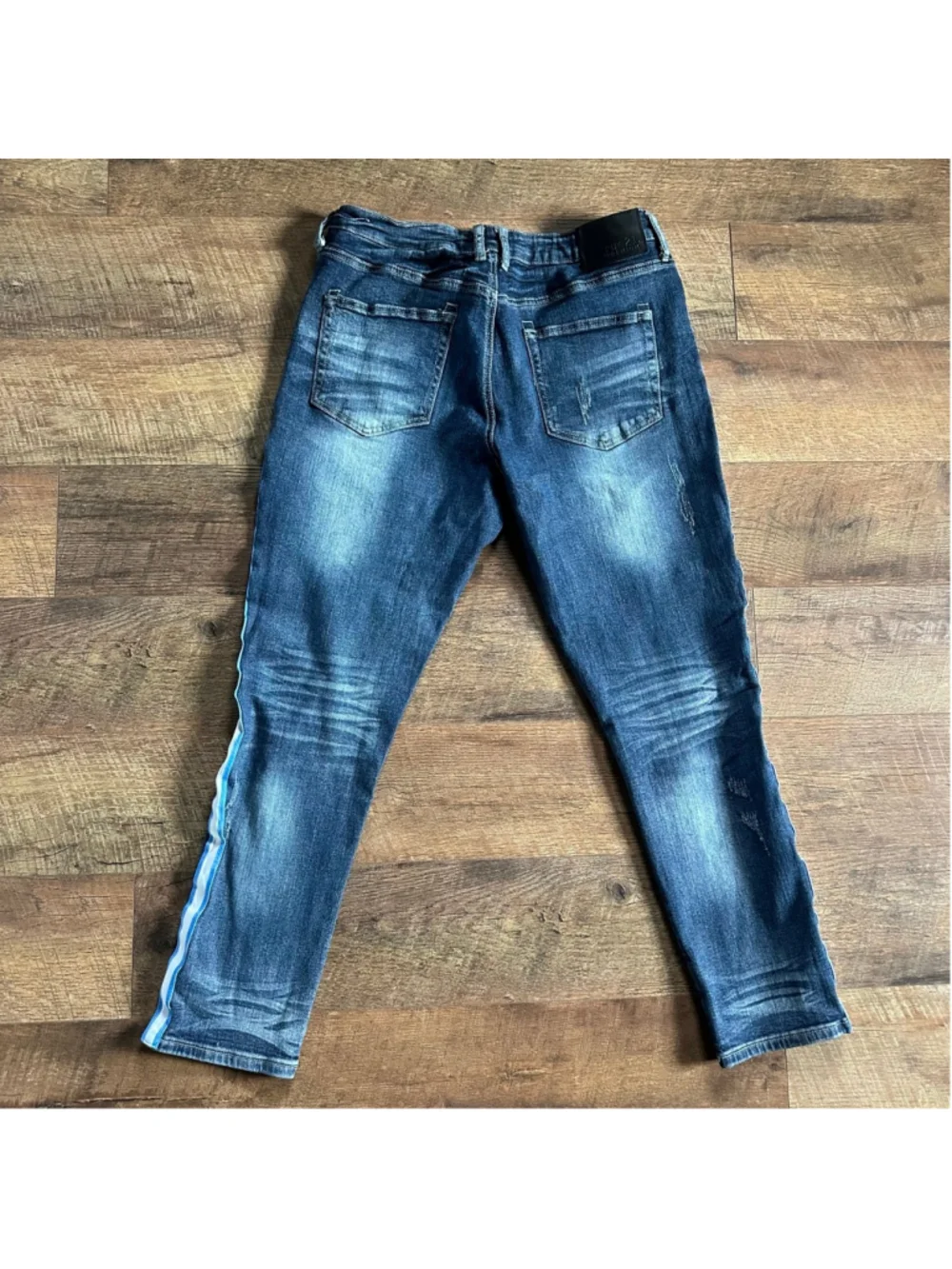 Men's Rue21 Blue Distressed Skinny Jeans with White Stripe, Waist 36